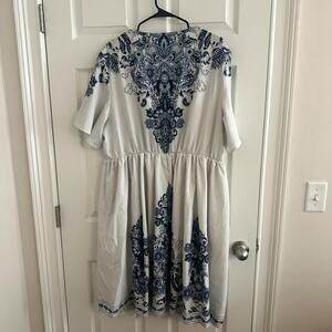 BloomChic Blue & White Bandana Porcelain Print V-Neck Midi Dress Pockets